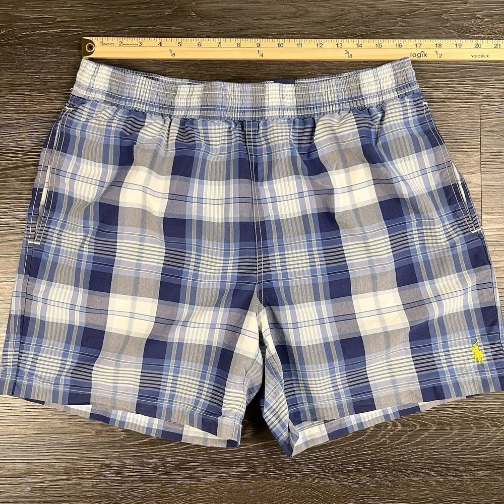 Polo Ralph Lauren Mens Swim Shorts Trunks Blue Plaid‎ XL Lined Resortwear Beach